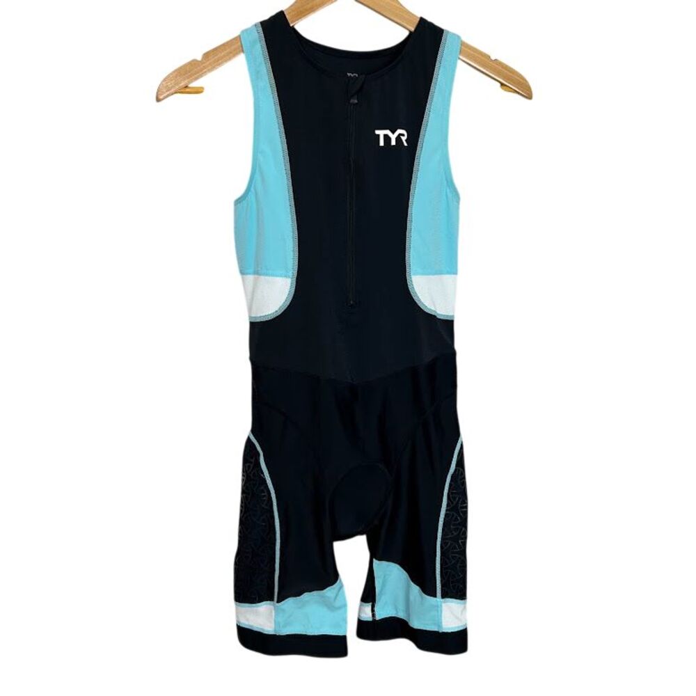 TYR Women's Triathlon Suit L One-Piece Sleeveless Padded Chamois Black Blue